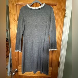 Tahari grey Marino wool sweater dress with white decorative collar and cuffs